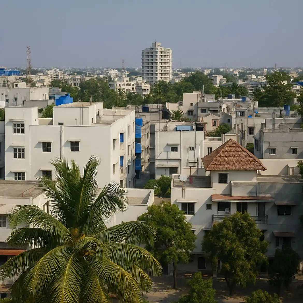 Infographic comparing top South Delhi localities — Vasant Vihar vs Shanti Niketan — highlighting real estate trends, amenities, and family-friendly features.