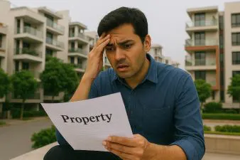 Worried homebuyer checking property documents in South Delhi, highlighting common real estate mistakes like legal issues, poor location choices, and hidden costs.